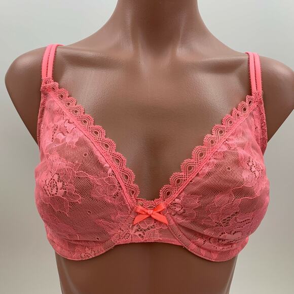 Victoria's Secret Underwire Unlined Lace Semi Demi Bra Neon Pink Size 32DD - Picture 1 of 8